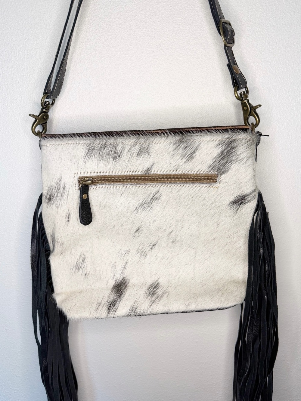 Myra Bag Black Hair-on Hide Crossbody with Turquoise Tooled Flap - Picture 9 of 11